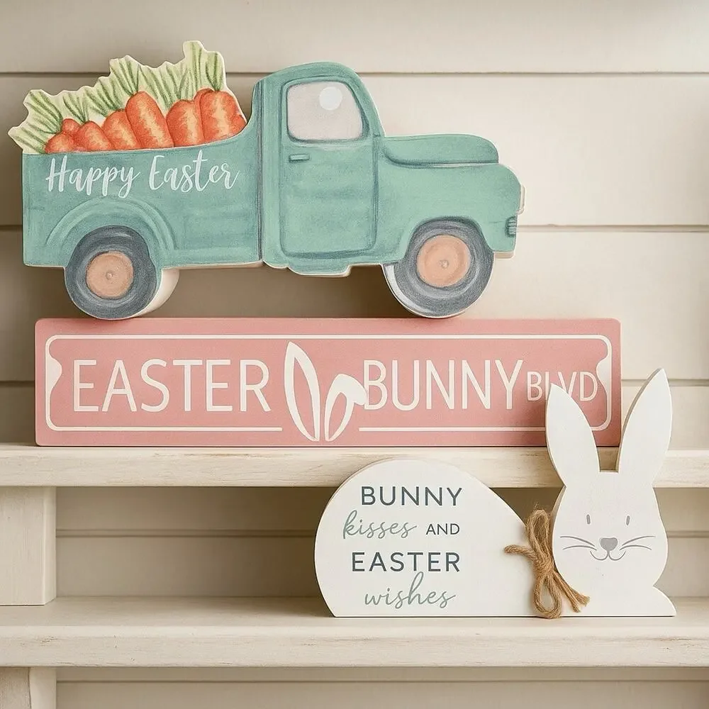 Lot of 3 Easter Wood Signs | Easter Truck Easter Bunny Blvd Bunny Kisses Decor